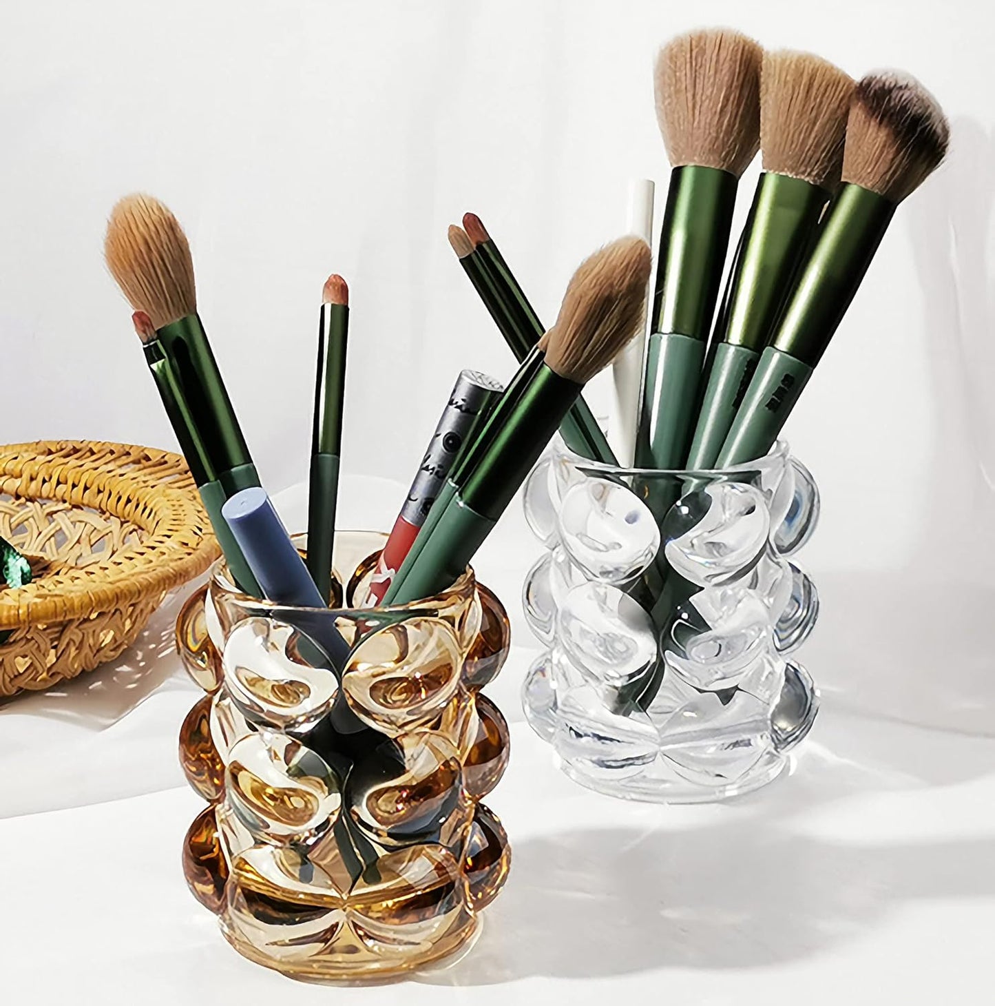 Pen Pencil Container Multi-Purpose Bubble Design Glassware Comb Makeup Brush Holder Office Desk Accessories Storage Cosmetic Tools Organizer Cup (Amber)