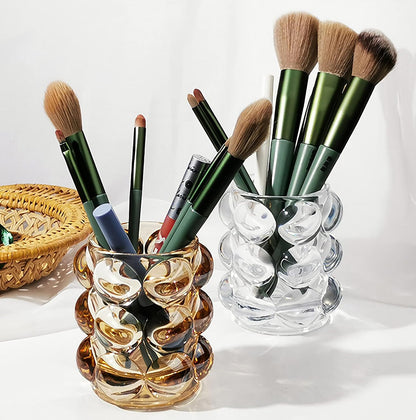 Pen Pencil Container Multi-Purpose Bubble Design Glassware Comb Makeup Brush Holder Office Desk Accessories Storage Cosmetic Tools Organizer Cup (Amber)
