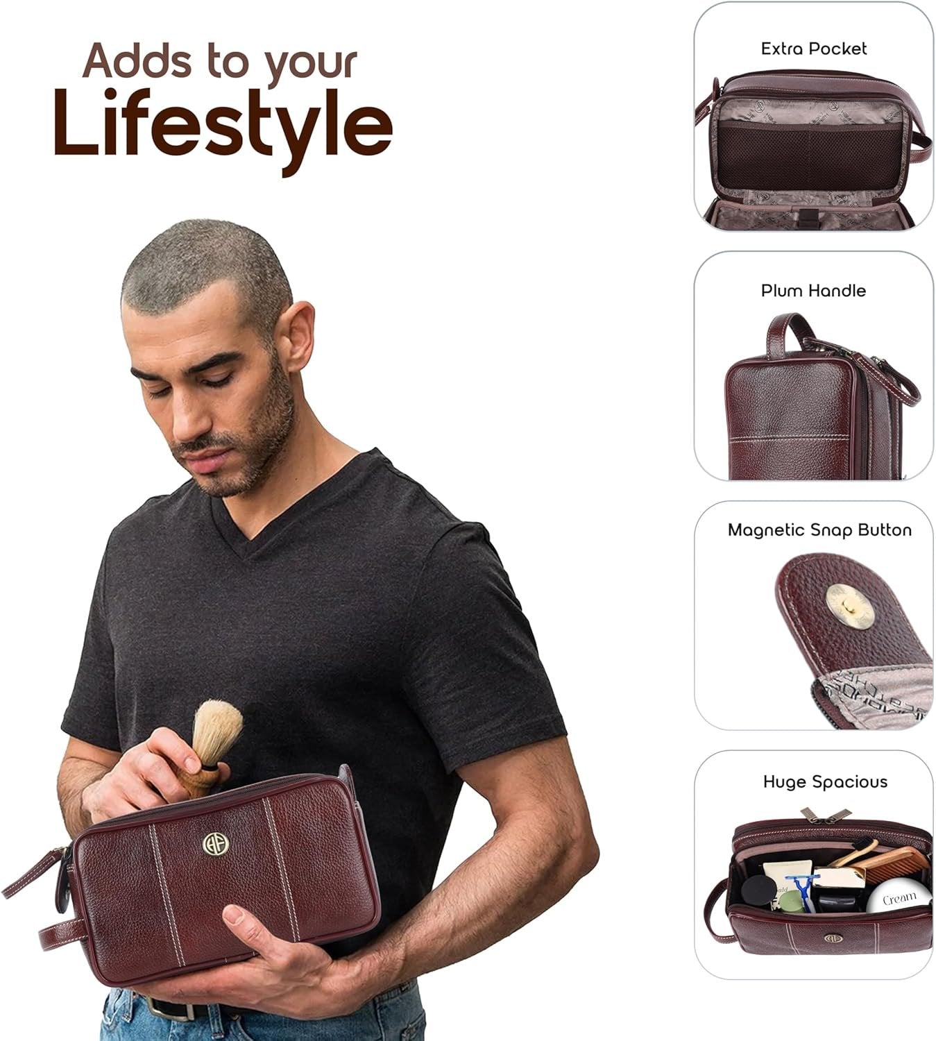 Hammonds Flycatcher Genuine Leather Shaving Bag for Men-Leather Dopp Kit|Toiletry Bag|Travel Toiletry Bag-Hygiene & Grooming Kit Organizer-Cruelty-Free Leather and Hand Stitched Vanity Case.TC4002,