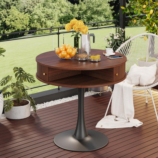 Dining Table Round for 2 Persons, 31.5 Inch Round Table with Metal Pedestal, Seamless Tabletop with Faux Woodgrain, 2 Sliding Doors, 4 Hidden Compartments, for Small Spaces, Apartments, Cafes, Walnut