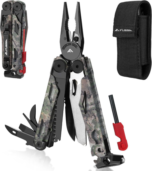 FLISSA 18-in-1 Multitool Pocket Knife with Sheath, Durable Stainless Steel Multi Tool Pliers for Men, Camo All-in-One Tool for Camping, Fishing, and Outdoor Use