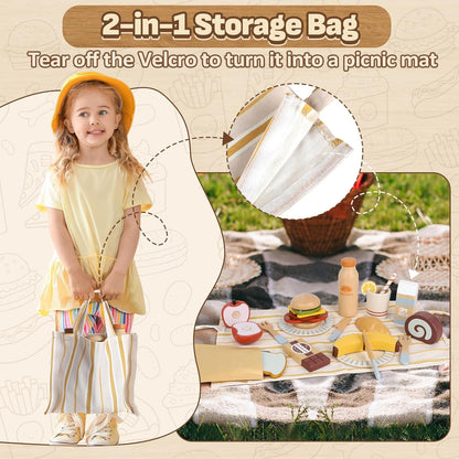 Lehoo Castle Wooden Play Food Toys, Kids Play Kitchen Accessories Toddler Cutting Fruits Vegetables Toy with Shopping Bag, Pretend Play Educational Montessori Toy Gift for Boys Girls 3+
