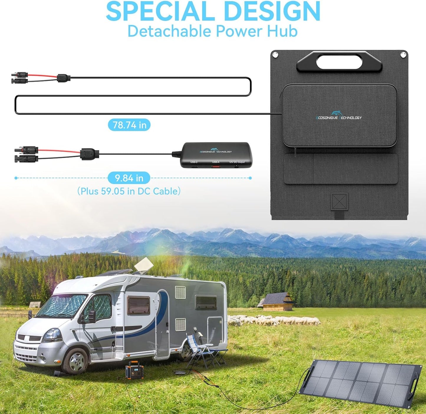 Ecosonique 100W Portable Solar Panel with Adjustable Kickstands,22V MC4/12V DC/QC 3.0 USB-A USB-C(PD 60W)Foldable Solar Panel Charger with Detachable Power Hub,IP67 Waterproof Solar Panels for Camping