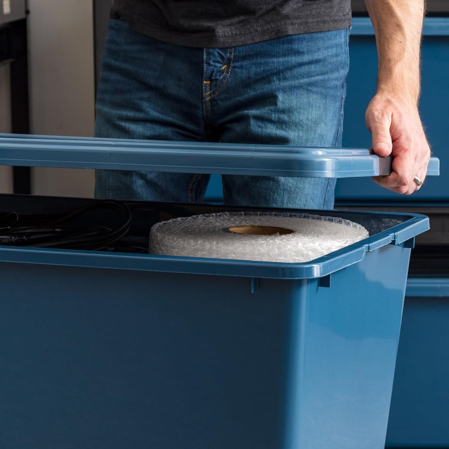 IRIS USA 86.1L Stackable Plastic Storage Bins with Lids and Latch Buckles, 4 Pack - Navy, Large Containers for Home Office Organization