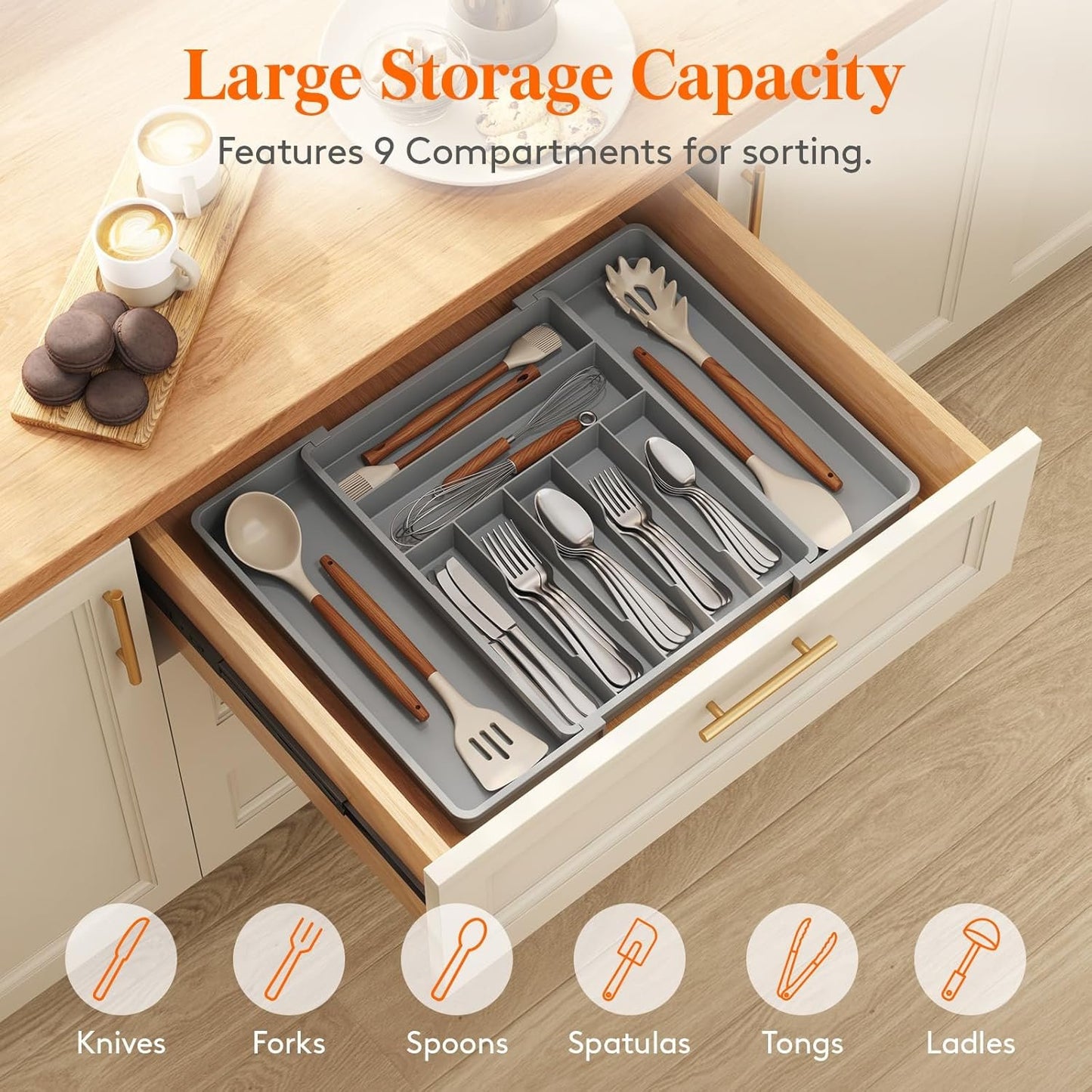 Lifewit Expandable Silverware Drawer Organizer, 16.7 inches Deep Adjustable Utensil Cutlery Tray for kitchen, Plastic Flatware Spoon Fork Knives Holder Storage Divider, 7 Compartment, 1 Pack, Gray