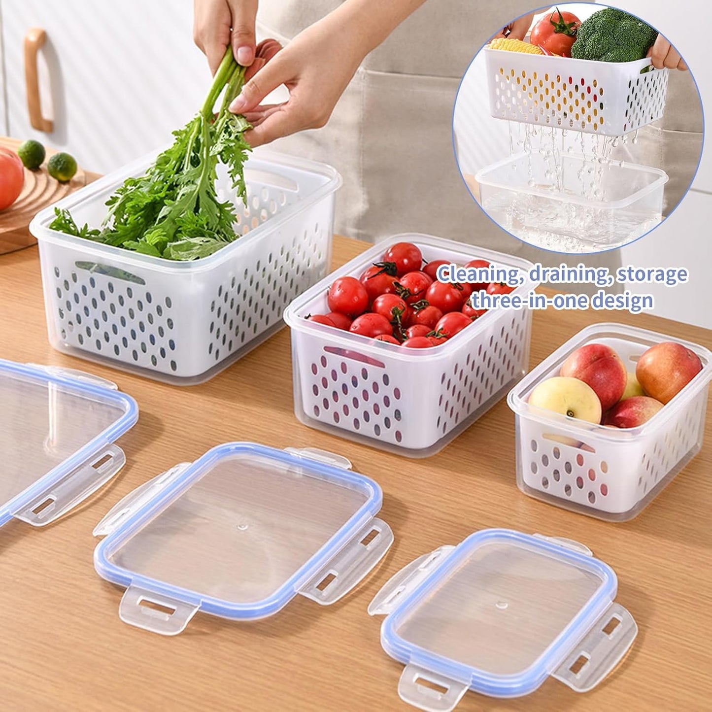 Homiliky 3Pcs Fruit Storage Containers for Fridge with Removable Colanders,Leakproof Food Storage Containers Food Storage Containers with Lid for Salad Berry Lettuce Vegetables Meat Keeper