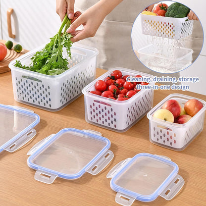 Homiliky 3Pcs Fruit Storage Containers for Fridge with Removable Colanders,Leakproof Food Storage Containers Food Storage Containers with Lid for Salad Berry Lettuce Vegetables Meat Keeper