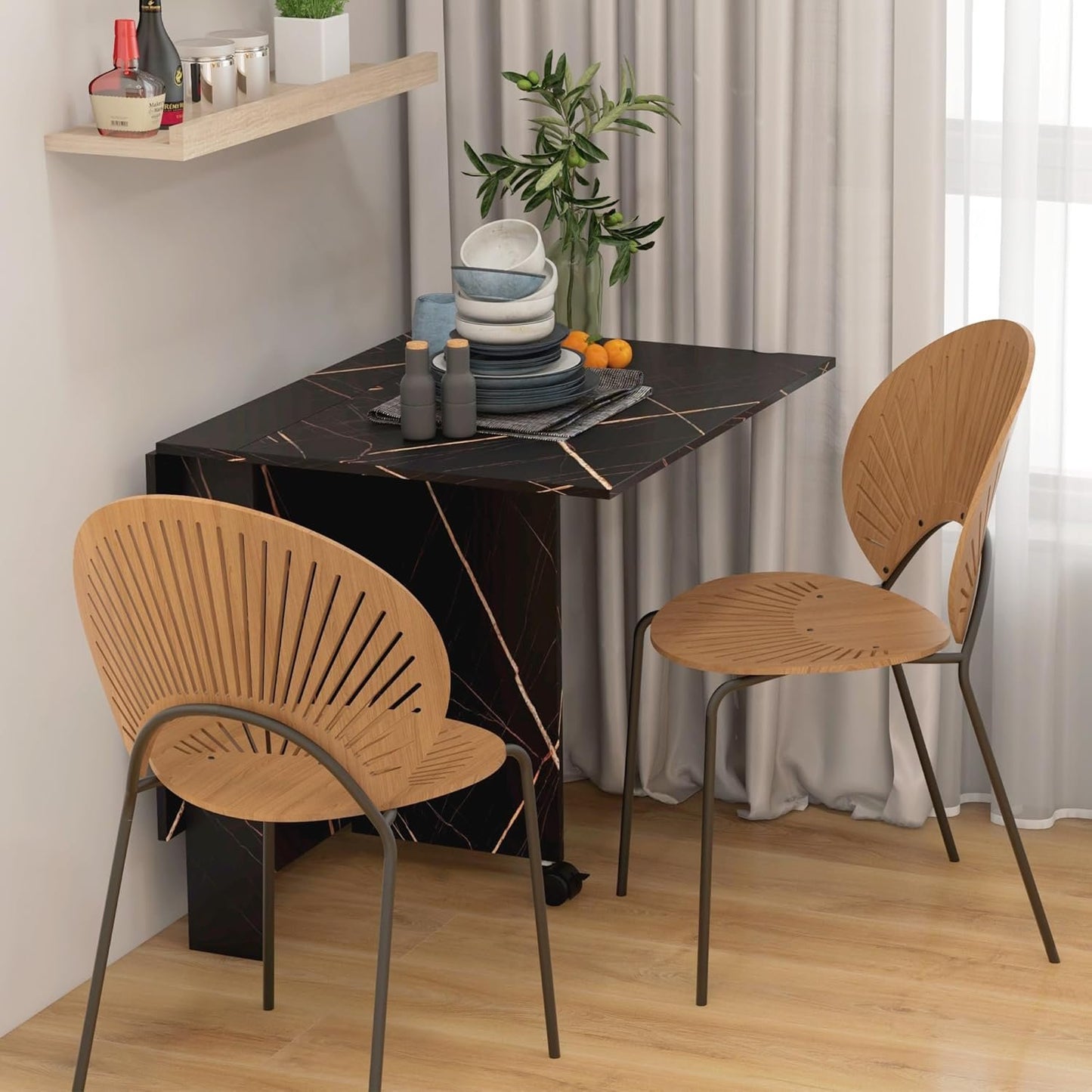 HOMCOM Foldable Dining Table, Drop Leaf Folding Side Table Console Writing Desk with 2 Wheels for Kitchen, Dining Room, Faux Marbled Black