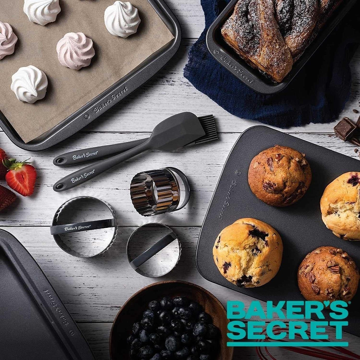 Baker's Secret Baking Pans Set Bakeware Sets Stackable Baking Set of 5 Bakeware Pans, Bakeware Set, Muffin Pan, Roaster Pan, Square Pan, Cookie Sheet, Loaf Pan, Dishwasher Safe, PFOA PFOS PTFE Free