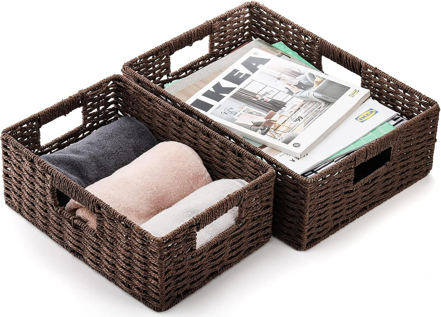 TOPZEA 2 Pack Large Rectangular Wicker Basket for Shelves, Kraft Paper Rope Woven Shelf Baske Storage Baskets with Handle, Decorative Closet Organizer Bins Organization for Home, Office, School