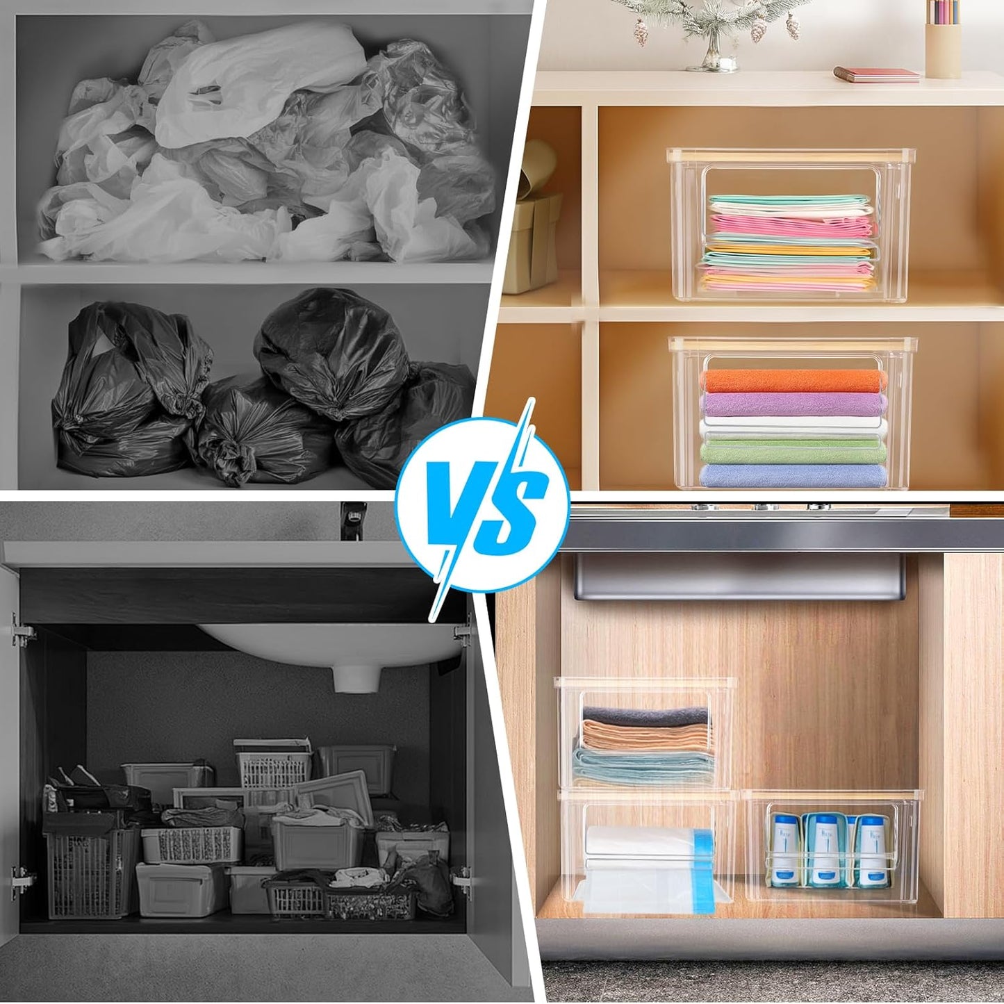 Riian Trash Bag Dispenser, Extra Large Trash Bag Holder Dispenser Roll Holder, Acrylic Pantry Organizers with Bamboo Top and Handles for Kitchen Laundry Room Organization (1 Pack)