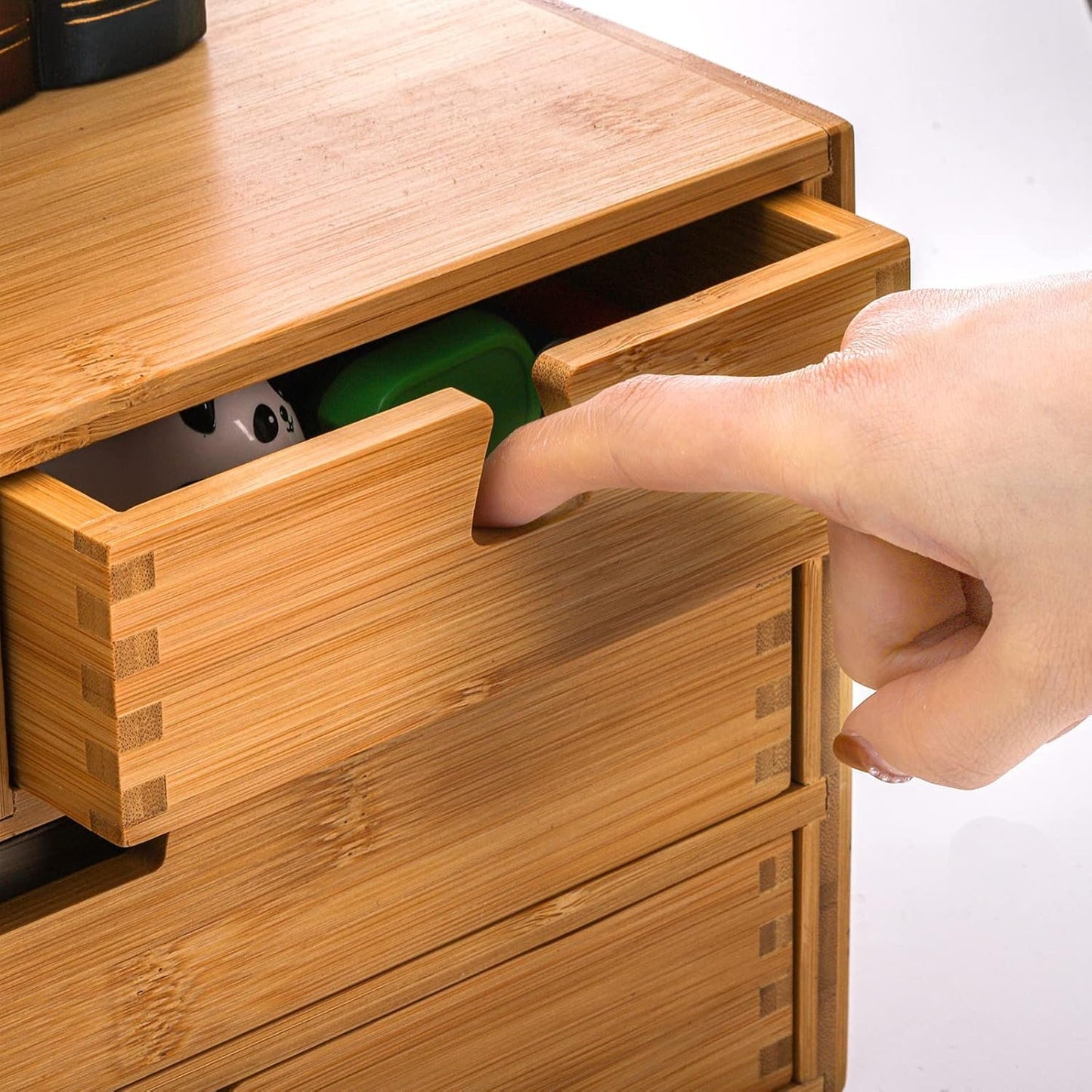 DEAYOU Bamboo Desk Organizer, 100% Natural Bamboo Desktop Drawer Organizer, Tabletop Storage Cabinet Organization Box with 4 Drawers for Makeup, Letter, Home Office Supplies, 3-Layer, Fully Assembled