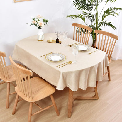 Wolkemer Faux Linen Oval Tablecloth Heavy Duty Wrinkle Resistant Fabric Table Cloths 60 x 102 Inch Beige Farmhouse Rustic Table Cover for Kitchen Dining Indoor Outdoor Tabletop Decoration