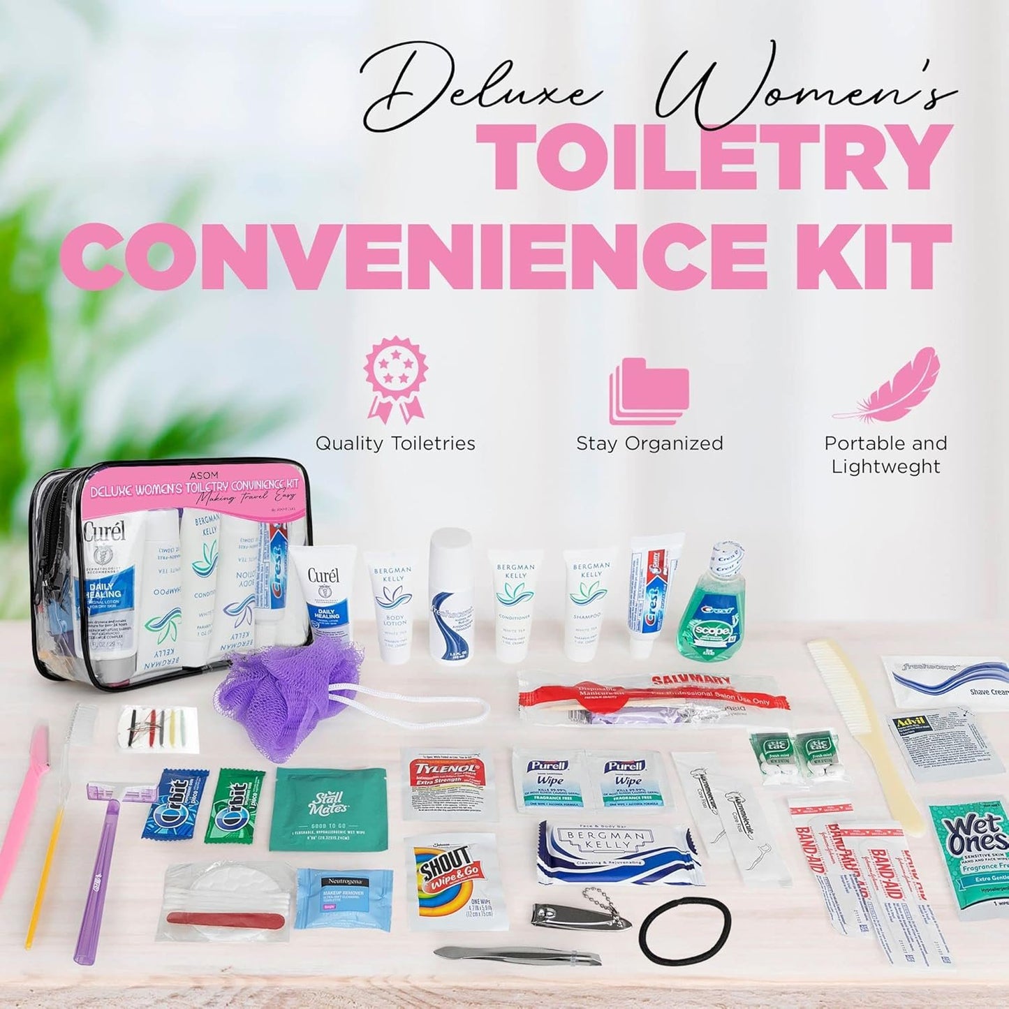 Asom Travel Toiletries Convenience Kit, Personal Care Toiletry Wellness Accessory Hygiene Essentials Set, Clear TSA Approved Traveling Unisex Toiletry Accessories Kits, 36 Pc., Clear, Handheld, Women Toiletries Convenience Kit