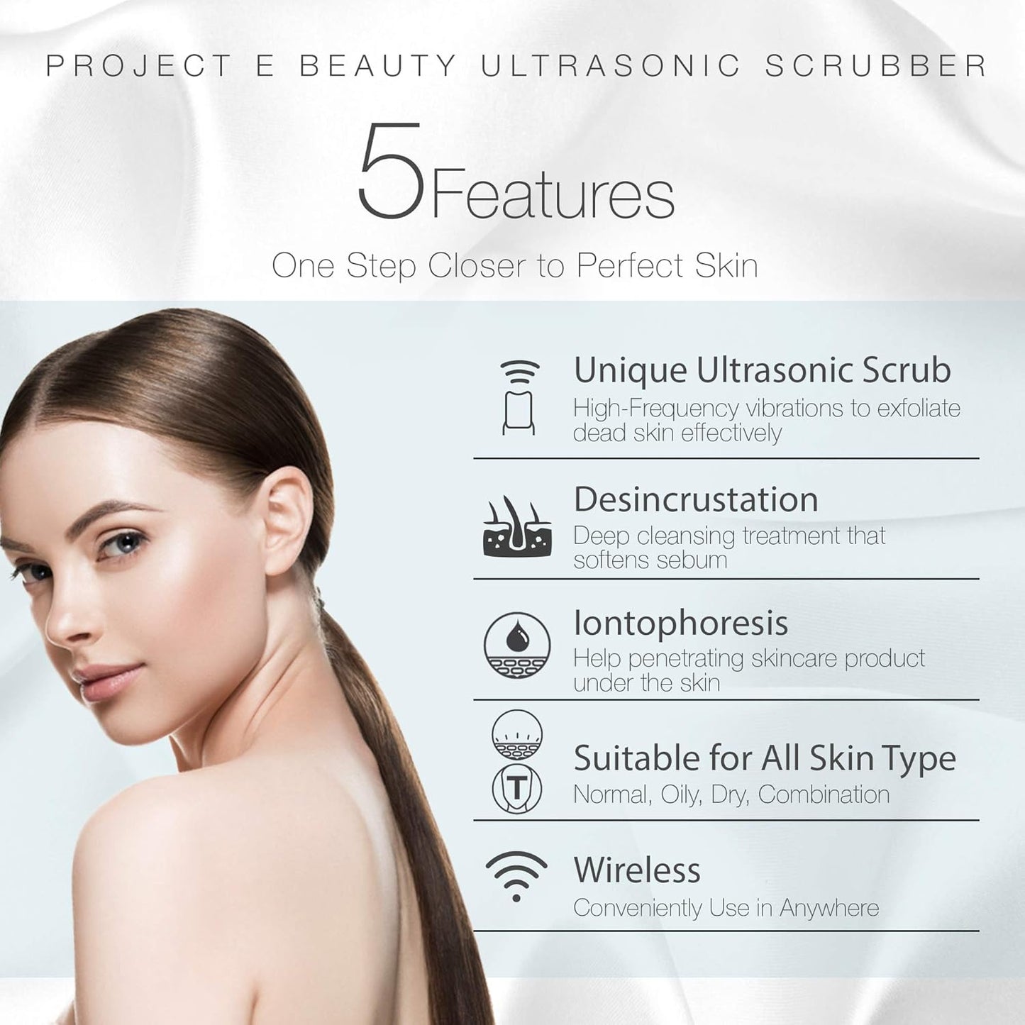 Wireless Ultrasonic Skin Care Scrubber by Project E Beauty | Skin Spatula | Gentle Exfoliation | Removes Blackheads | Deep Pore Cleansing | Dead Skin Remover | Smoother Complexion