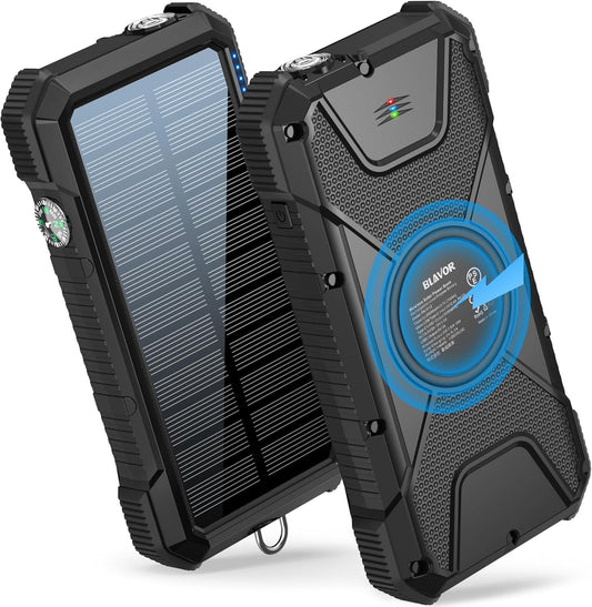 BLAVOR Solar Power Bank, PD 18W QC3.0 Fast Charging 10W Wireless Charger 20000mAh Solar Powered Powerbank with Type C Input/Output, IPX5 Waterproof, Camping Flashlight, Compass, Carabiner (Black)