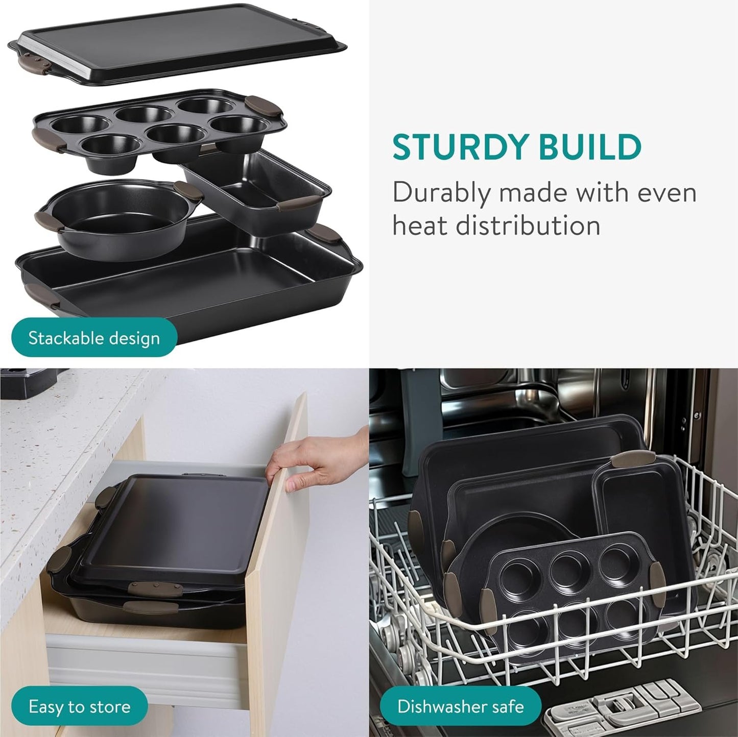 Navaris Non Stick Baking Trays, Set of 5 - Durable & Stackable Oven Baking Tray Kit - Bakeware Tins with Silicone Handles - Pans Ideal for Cake & Muffin Baking - Dishwasher Ready