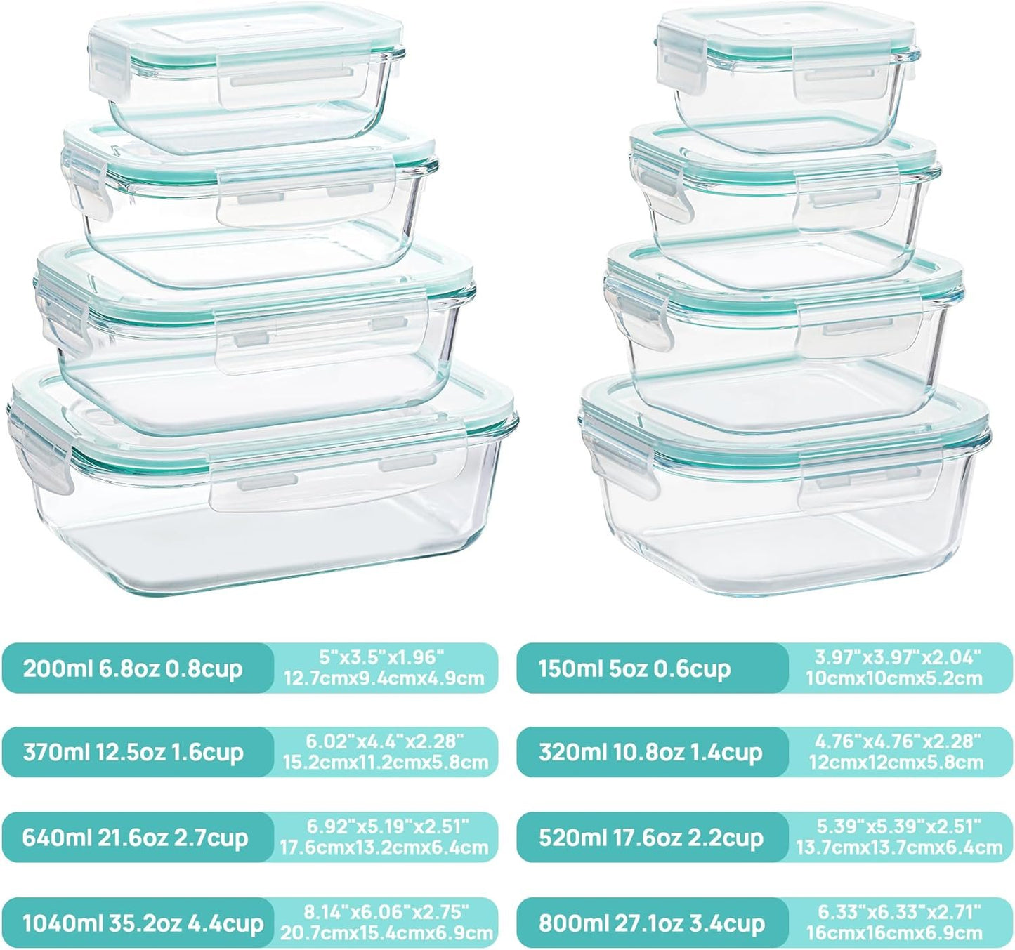 Vtopmart 8 Pack Glass Container Food Storage, Glass Meal Prep Containers with Lids, Airtight Glass Bento Boxes with Leak Proof Locking Lids, for Microwave, Oven, Freezer and Dishwasher