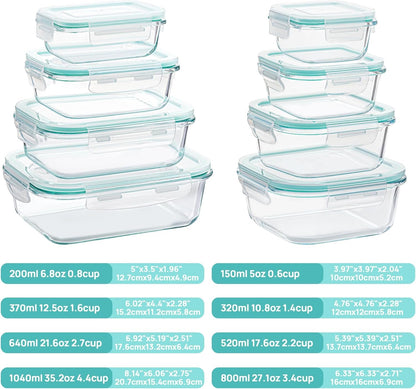 Vtopmart 8 Pack Glass Container Food Storage, Glass Meal Prep Containers with Lids, Airtight Glass Bento Boxes with Leak Proof Locking Lids, for Microwave, Oven, Freezer and Dishwasher