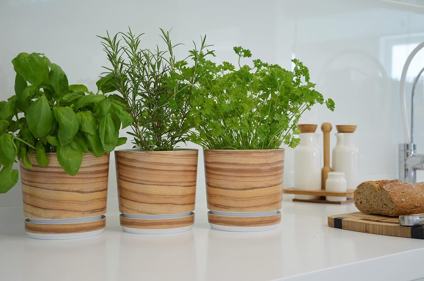 KORAD Flower Pot with Integrated Coaster - Decoration 047 - Bamboo Diameter 12 cm - High Quality Plastic Plant Pot - Decorative Plant Pot with Drainage Holes