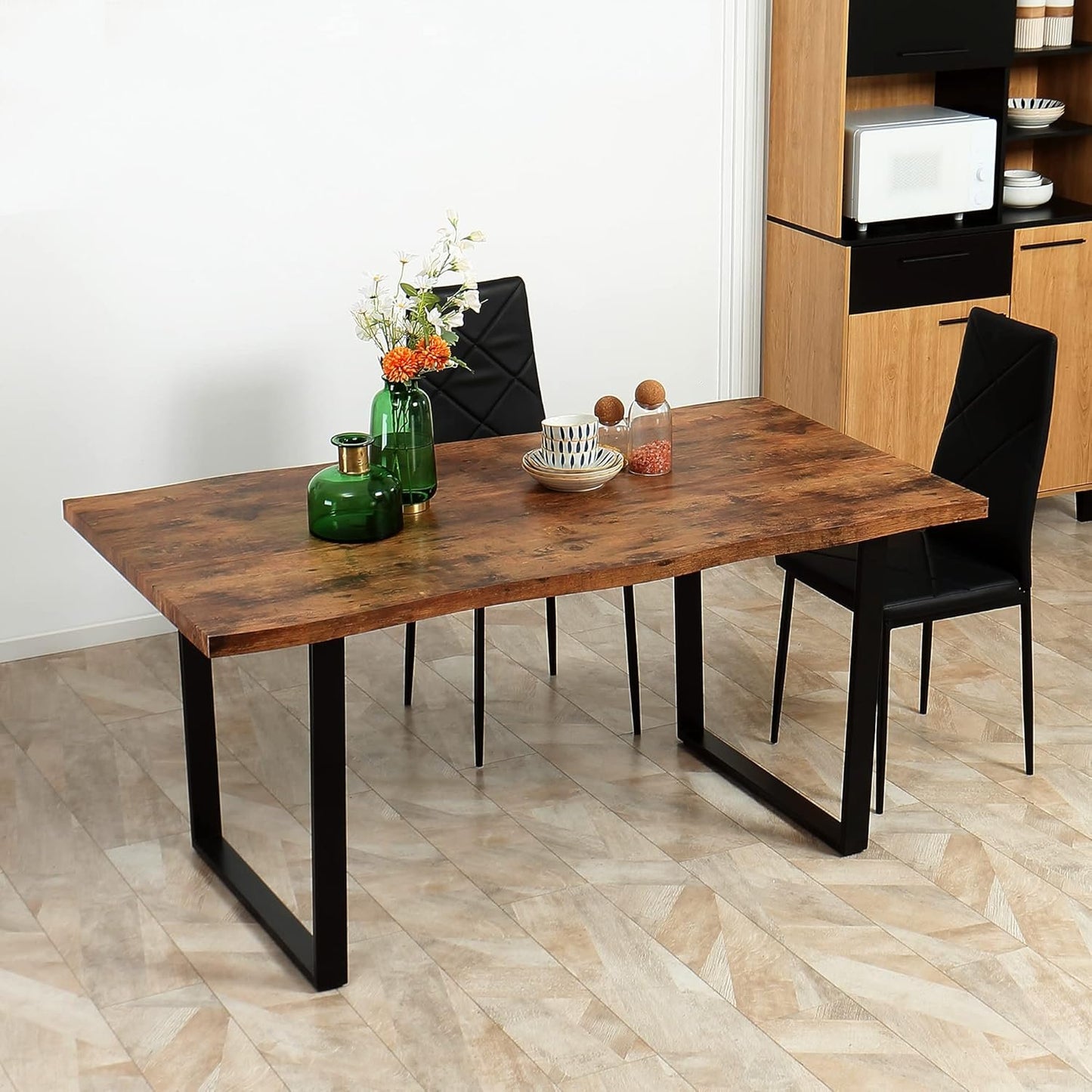 HOMCOM 63" Dining Table, Industrial Kitchen Table with Wave-Edged Tabletop and Steel Legs for Up to 6 People, Rustic Brown