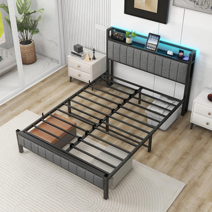 VERFARM Double Bed Frame with LED Lights Storage Headboard and USB Charging Station,Metal Upholstered Platform Bed Frame Double with Storage No Box Spring Needed,Strong Steel Slats,Noise Free,Grey