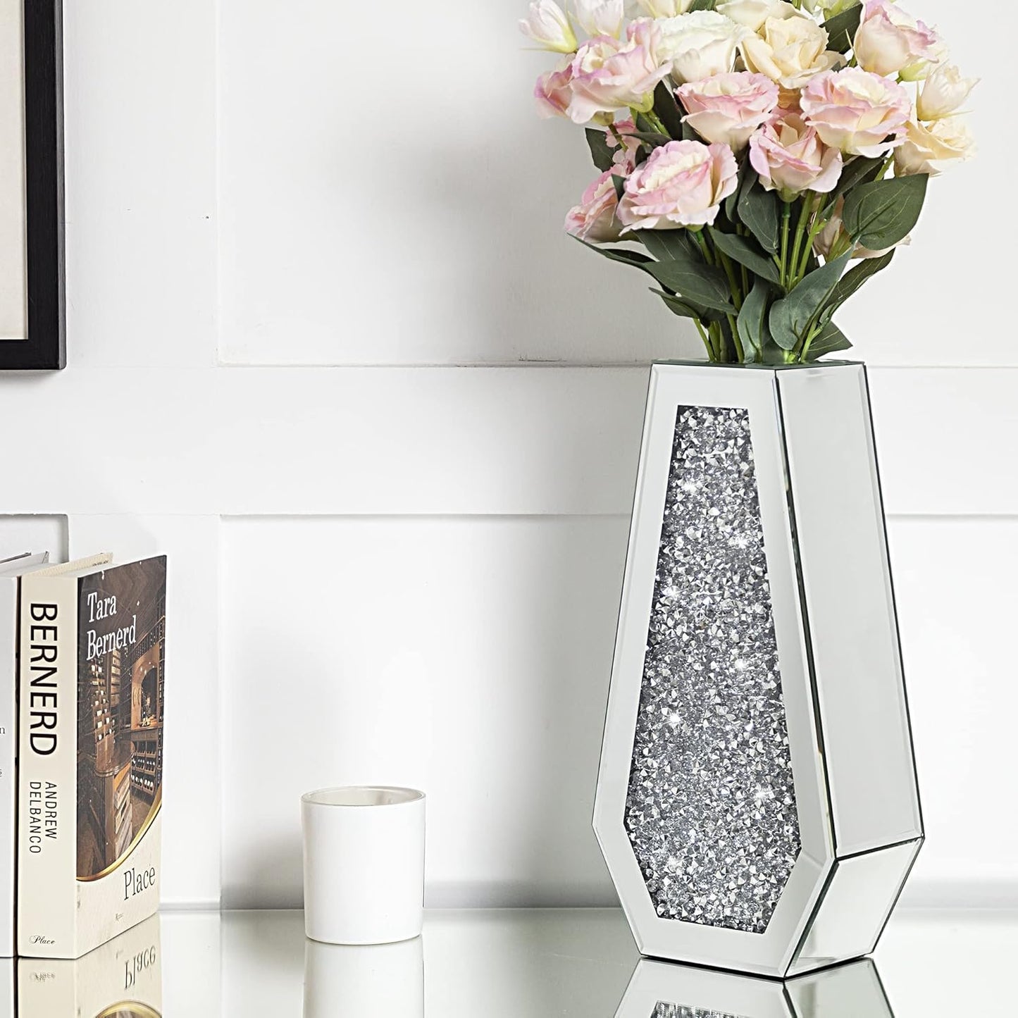 Crushed Diamond Flower Vases Decorative Large Clear Glass Mirrored Vase Silver Crystal Vase for Home Decor Can Not Hold Water,36H cm