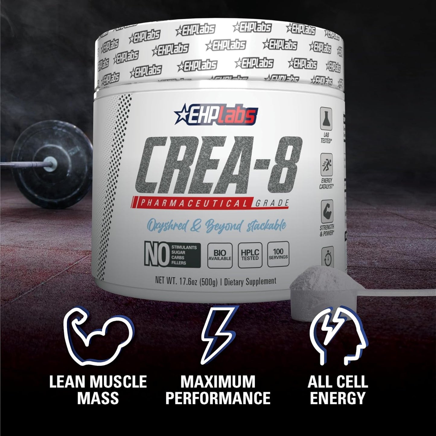 EHPlabs CREA-8 Creatine Monohydrate Powder - Creatine Powder for Building Lean Muscle Mass, Improves Strength & Power, Supports Brain Health - 100 Servings (500g)