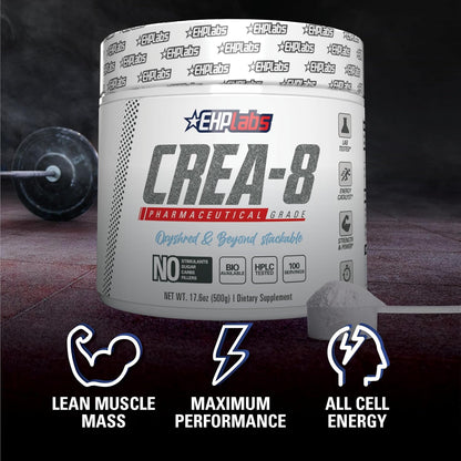 EHPlabs CREA-8 Creatine Monohydrate Powder - Creatine Powder for Building Lean Muscle Mass, Improves Strength & Power, Supports Brain Health - 100 Servings (500g)