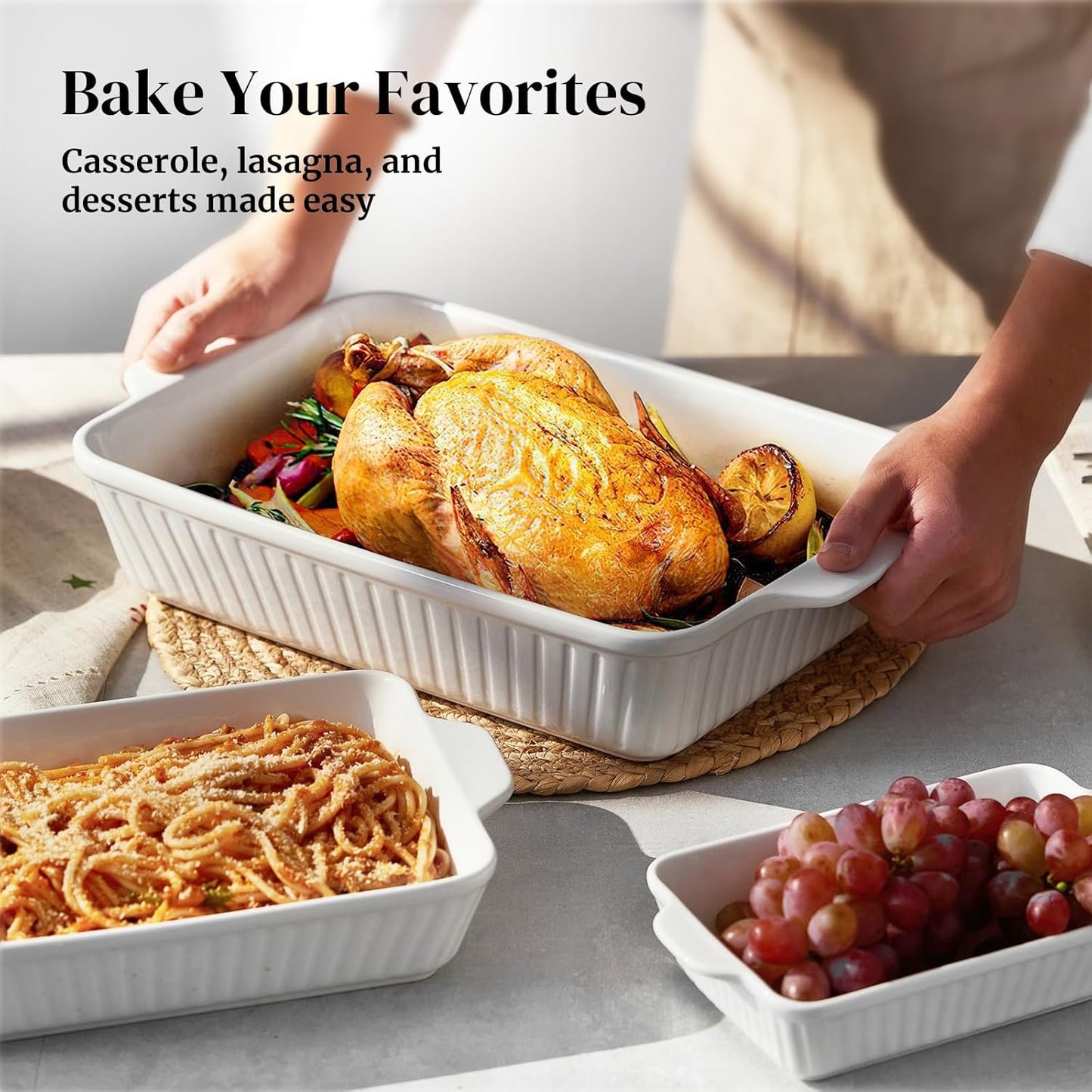 DOWAN Casserole Dishes for Oven, Baking Dishes Set, Ceramic Bakeware Sets of 3, Lasagna Pan Deep, Rectangular Baking Pan Set with Handles for Baking, Casserole, Kitchen, Wedding Gift, White