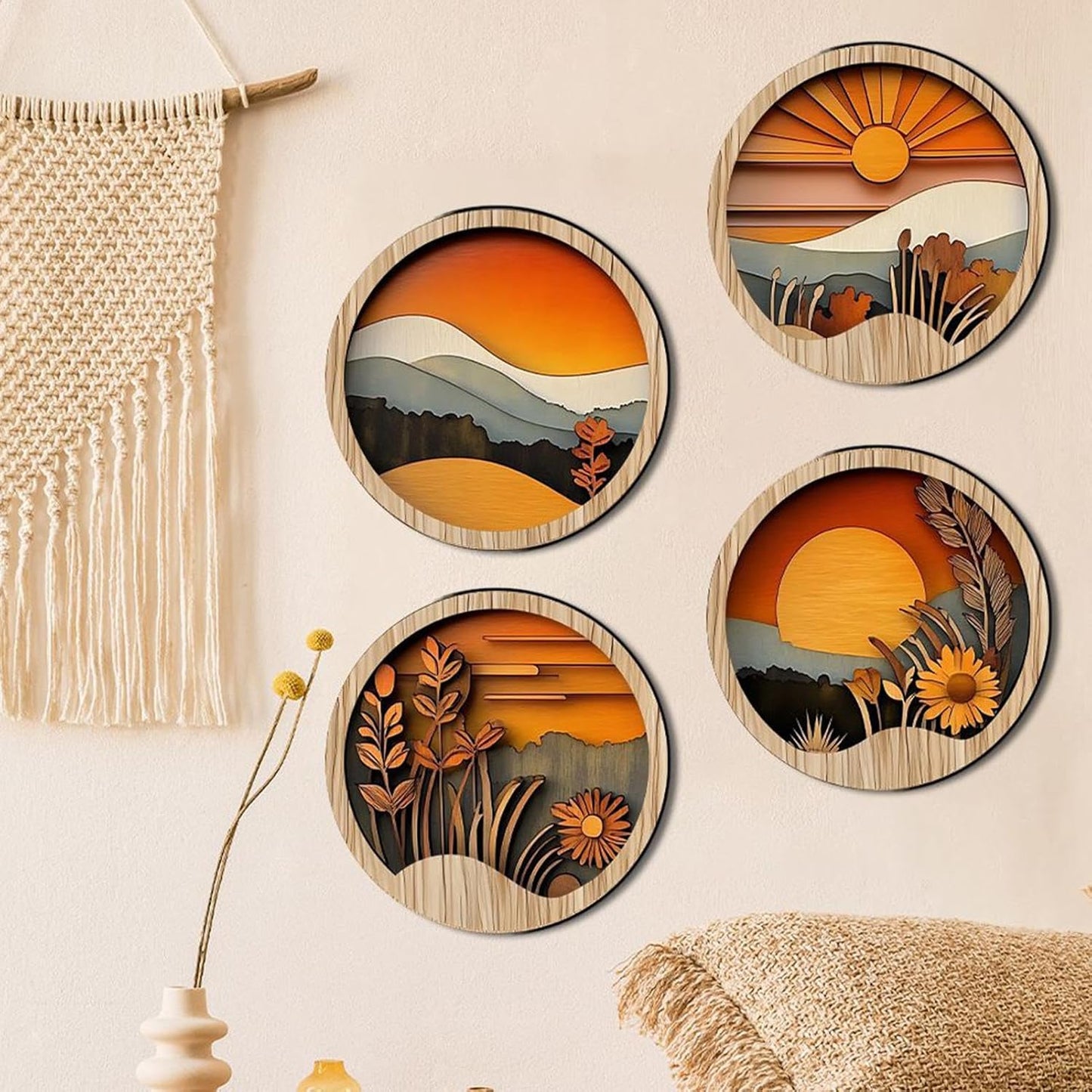 Tuxuseo Boho Wood Wall Decoration, Bohemian Wall Decoration for Bedroom, 4 Round Wooden Frames, 20 x 20 cm, Geometric Art for Home, Hallway, Entrance Area, Windowsill
