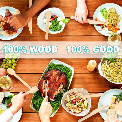 (150 Count) Disposable Wooden Cutlery Set - Alternative to Plastic Cutlery, Eco Friendly, Biodegradable, Compostable Cutlery Set - 50 Wood Spoons, 50 Wooden Knives, 50 Wooden Forks Disposable Utensils