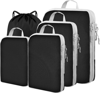 Compression Packing Cubes 5 Set Travel Luggage Packing Organizer Bag Expandable Travel Organizer Cubes For Carry On Luggage Suitcase Compressible Travel Essentials Accessories for Women Men Black