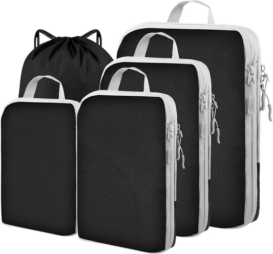 Compression Packing Cubes 5 Set Travel Luggage Packing Organizer Bag Expandable Travel Organizer Cubes For Carry On Luggage Suitcase Compressible Travel Essentials Accessories for Women Men Black