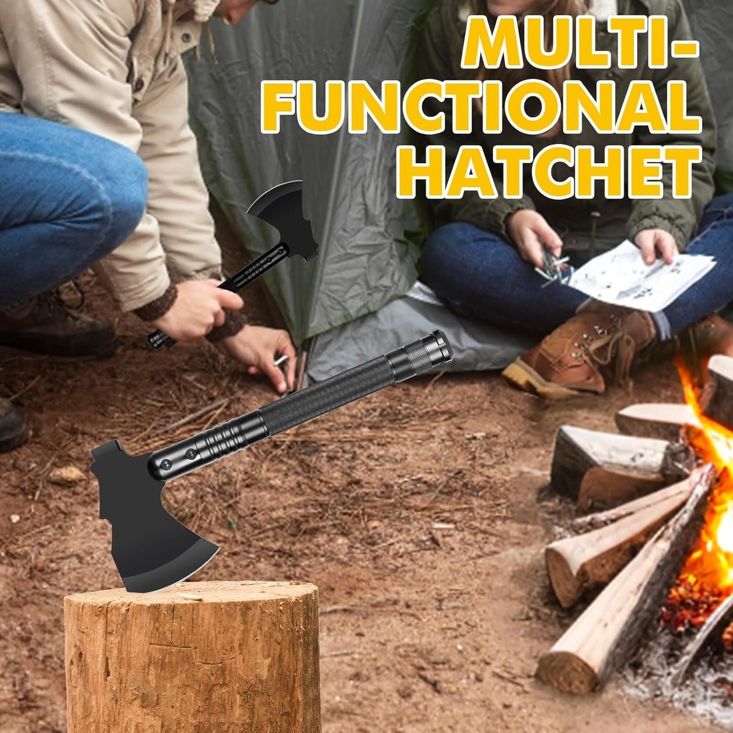 GOJAWAY Outdoor Camping Gear Tactical Shovel Axe Survival Multi tool, 55” Over-Length Trekking Pole Off Road Kit Military Grade for Garden Entrenching Car Emergency Heavy Duty Cold Steel Folding Spade