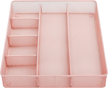 Annova Desk Drawer Organizer Tray for Office Organization - Metal Mesh - Storage Tray with Dividers for Pens, Desktop Accessories, Bathroom, Kitchen, Makeup and Office Supplies (Large) (Light Pink)