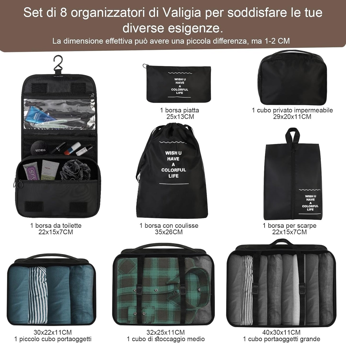 PHOGARY 8-Piece Suitcase Organizer, Packing Cubes Organizers for Travel, Vacation and Travel, Cubes Organizer Suitcases, Travel Useful Accessories (Black)