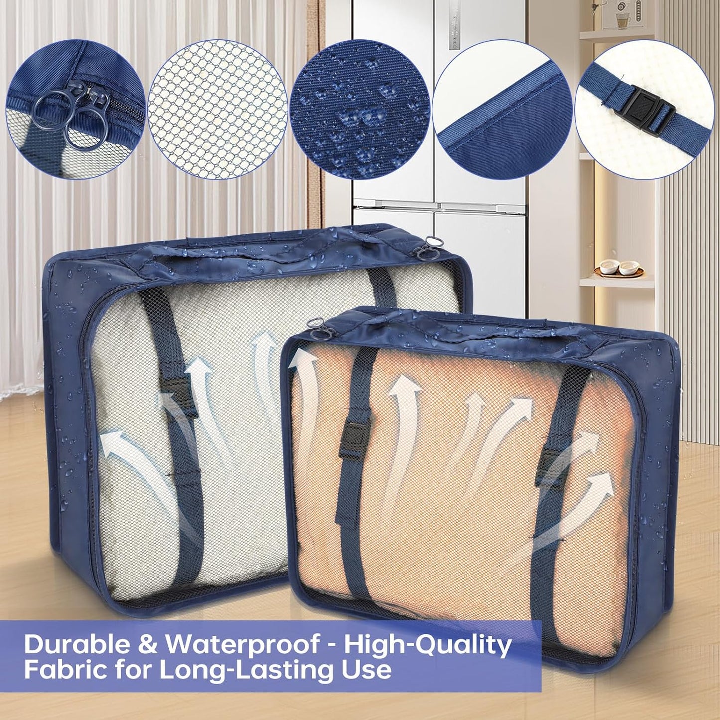 Packing Cubes Travel Bag Polyester 7 Pieces Lightweight Waterproof Space Saving Travel Bag Organizer (Dark Blue)