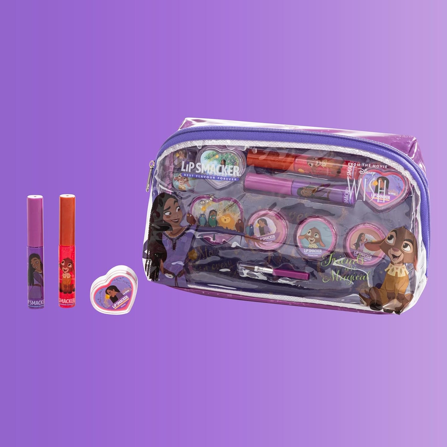 Lip Smacker Wish Essential Makeup Bag for Girls Disney Wish Inspired Lip Glitter, Shimmer Eyeshadow, Accessories and Applicators, Disney Princess Gifts for Girls