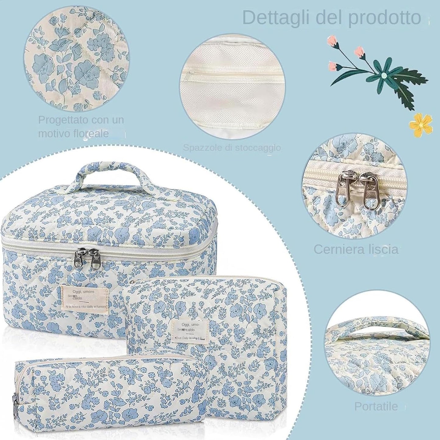 Floral Makeup Bag Set, 3-Piece Quilted Cosmetic Organizer, Blue, Travel Toiletry Pouch, Cotton Carry Bag for Brushes, Shampoo, Facial Cleanser, Accessories, blue, Please refer to description