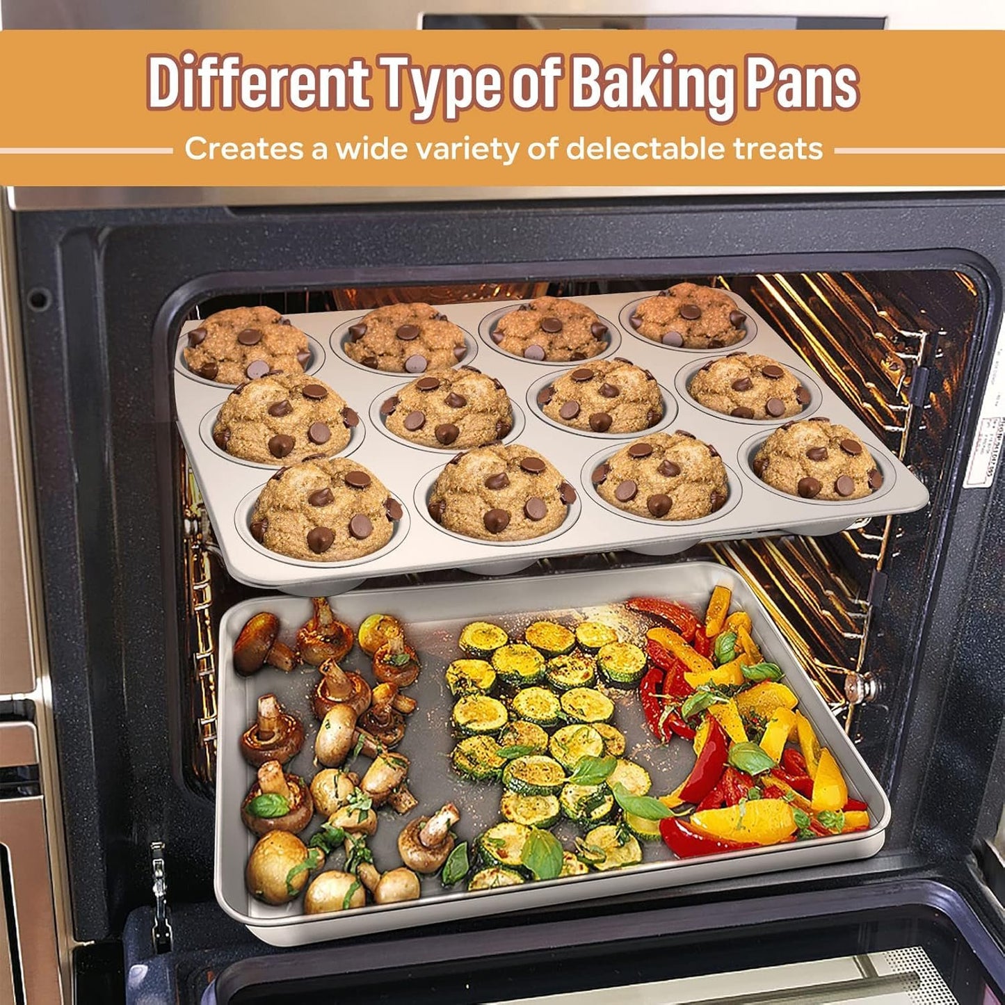 E-far 6-Piece Baking Pans set, Stainless Steel Bakeware Set for Oven, Include 8-Inch Cake Pan/Rectangle Baking Cookie Sheet/Muffin/Loaf Pan, Non-Toxic & Heavy Duty, Dishwasher Safe