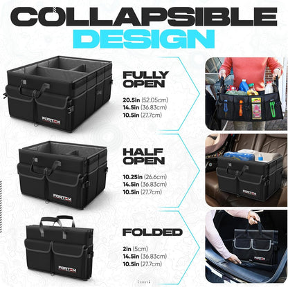 FORTEM Car Boot Organiser, Car Storage Organiser, Car Accessories, Collapsible Multi Compartment Car Organiser, Car Boot Tidy, Non Slip Bottom, Adjustable Securing Straps 50L (Black, Standard)