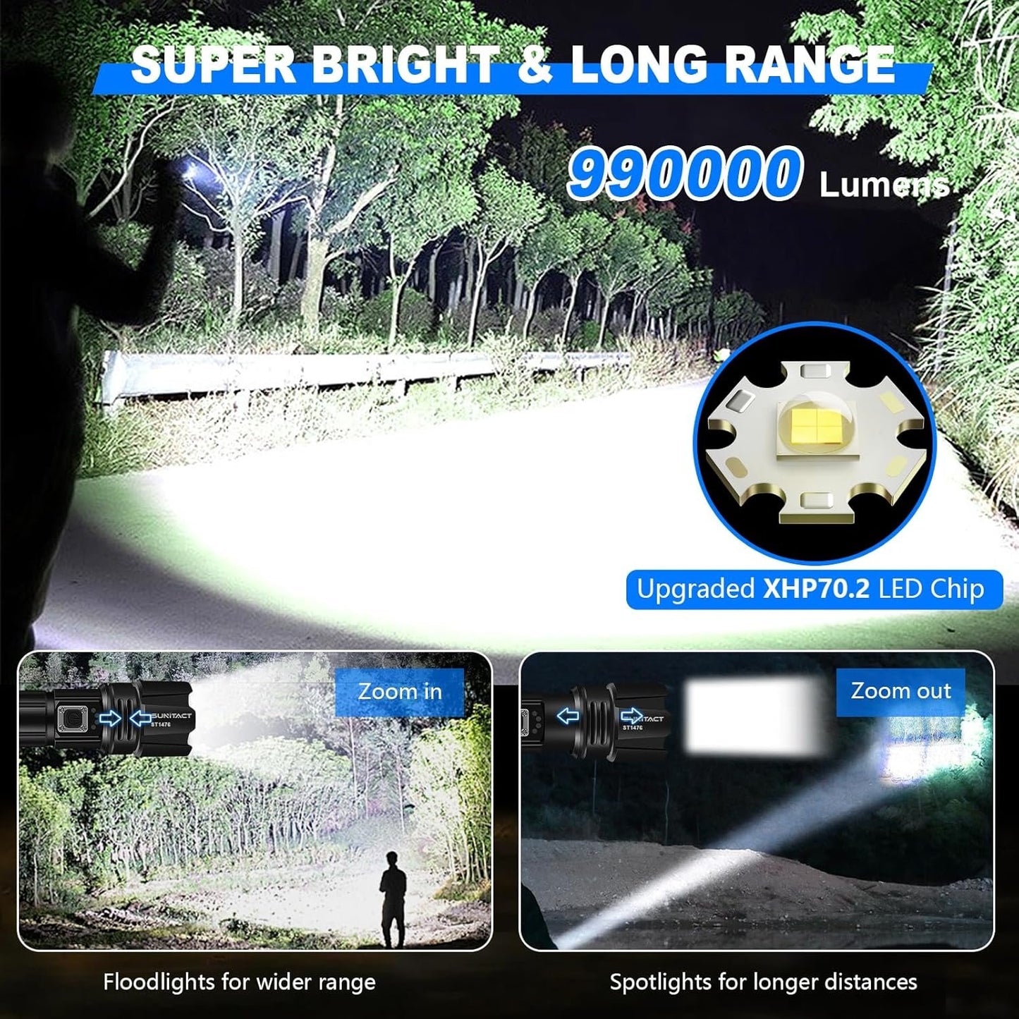 Flashlight Rechargeable, Sunitact Led Flashlights 990000 Lumens Flash Light, Brightest Flashlight Powerful XHP70.2, Tactical Flashlight Military High Power Flashlight Super Bright, for Camping Hiking