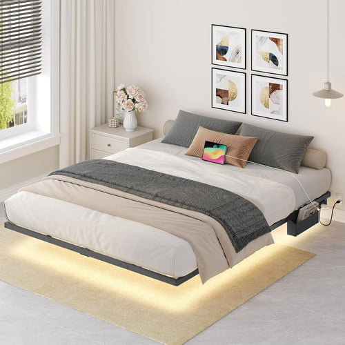 MAHANCRIS King Size Floating Bed Frame, Metal Platform Bed with Power Strip and LED Strip, Metal Bed Frame with Storage Box, Soundless, No Box Springs Needed, Black