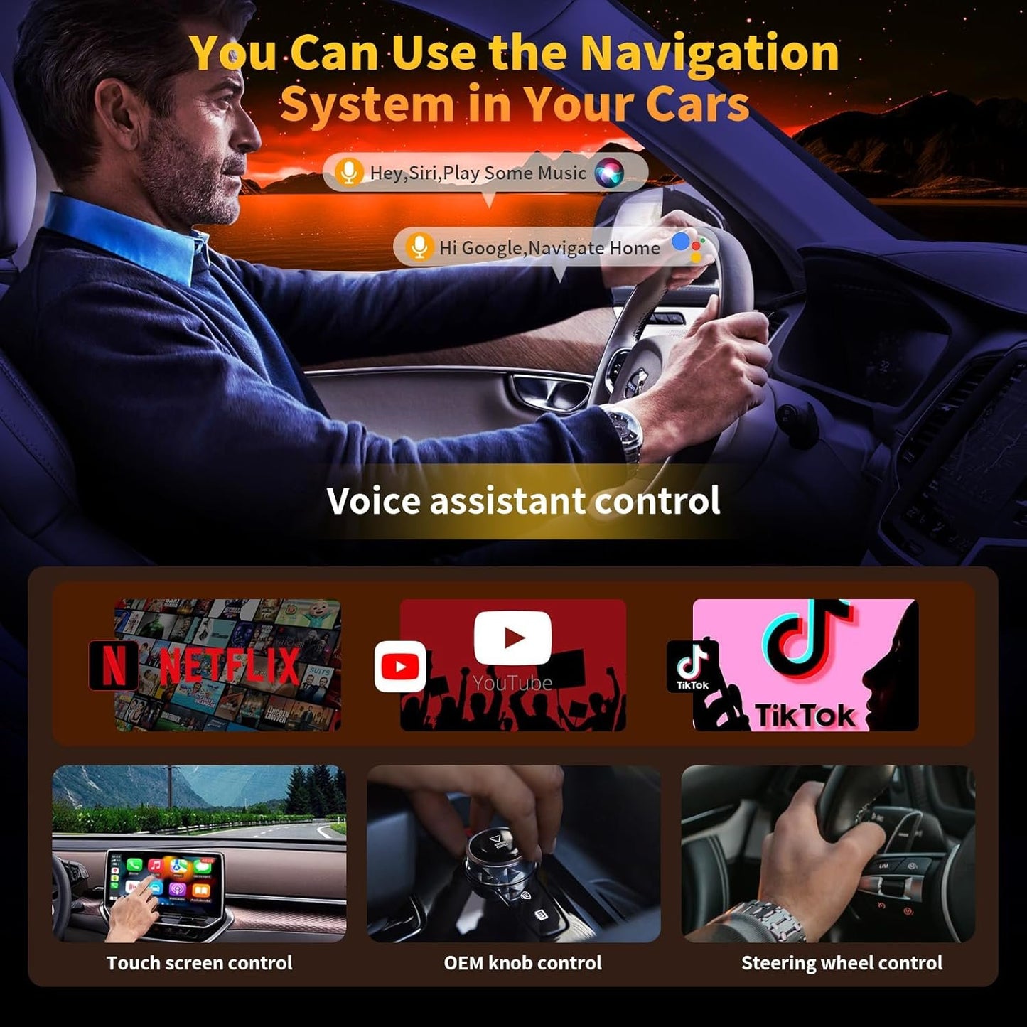4-in-1 Carplay Ai Box,Wireless CarPlay & Android Auto Adapter,Compatible with Netflix/YouTube/TIK Tok/Screen Mirror Link/TF Card,Suitable for Cars Equipped with OEM Wired CarPlay,Plug & Play