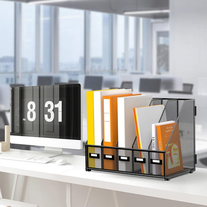 DALTACK Desk Organizers Metal Desk Magazine File Holder with 5 Vertical Compartments Folder Storage for Office Home School Organization, Black