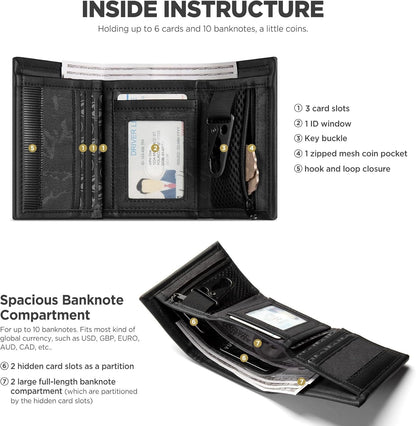 VULKIT Mens RFID Blocking Trifold Wallet Water-Rsistant Fabric and Leather Credit Card Holder with Zip Coin Pocket & Key Buckle for Daily Travel Outdoor