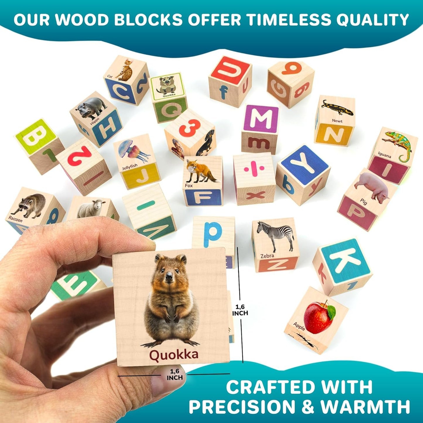 Quokka Montessori Wooden Blocks for Toddlers 1-3 - 35 Realistic ABC Learning Baby Blocks for Kids 3-5 Year Olds - Stacking Alphabet Wood Toys 2-4 yo - Learn Letters Numbers
