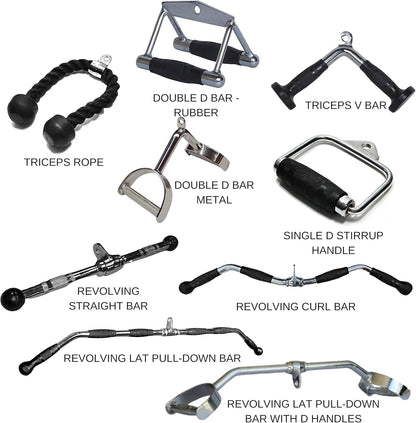 HCE LAT Pull Down Bar, Tricep Ropes, Row Bar, Stirrup V-Bar, Wide Double D Machine Handles, Rotating Curl Bar, Push Down Bars, AB Crunch Pad, Resistance Band Handle, - Gym Cable Attachments Accessories for Smith Machine