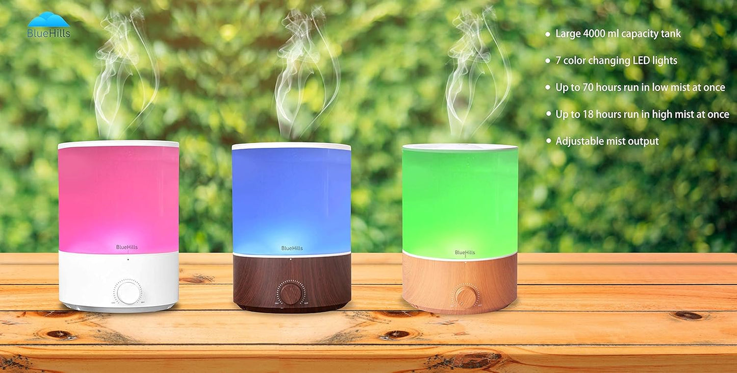 BlueHills Premium 4000 ML XL Essential Oil Diffusers - 70 Hour Run Aromatherapy Diffuser & Air Humidifier Mist for Large Room 7 LED Colors Oil Big Diffuser Essential Oils for Home w/Auto Shut Off E403